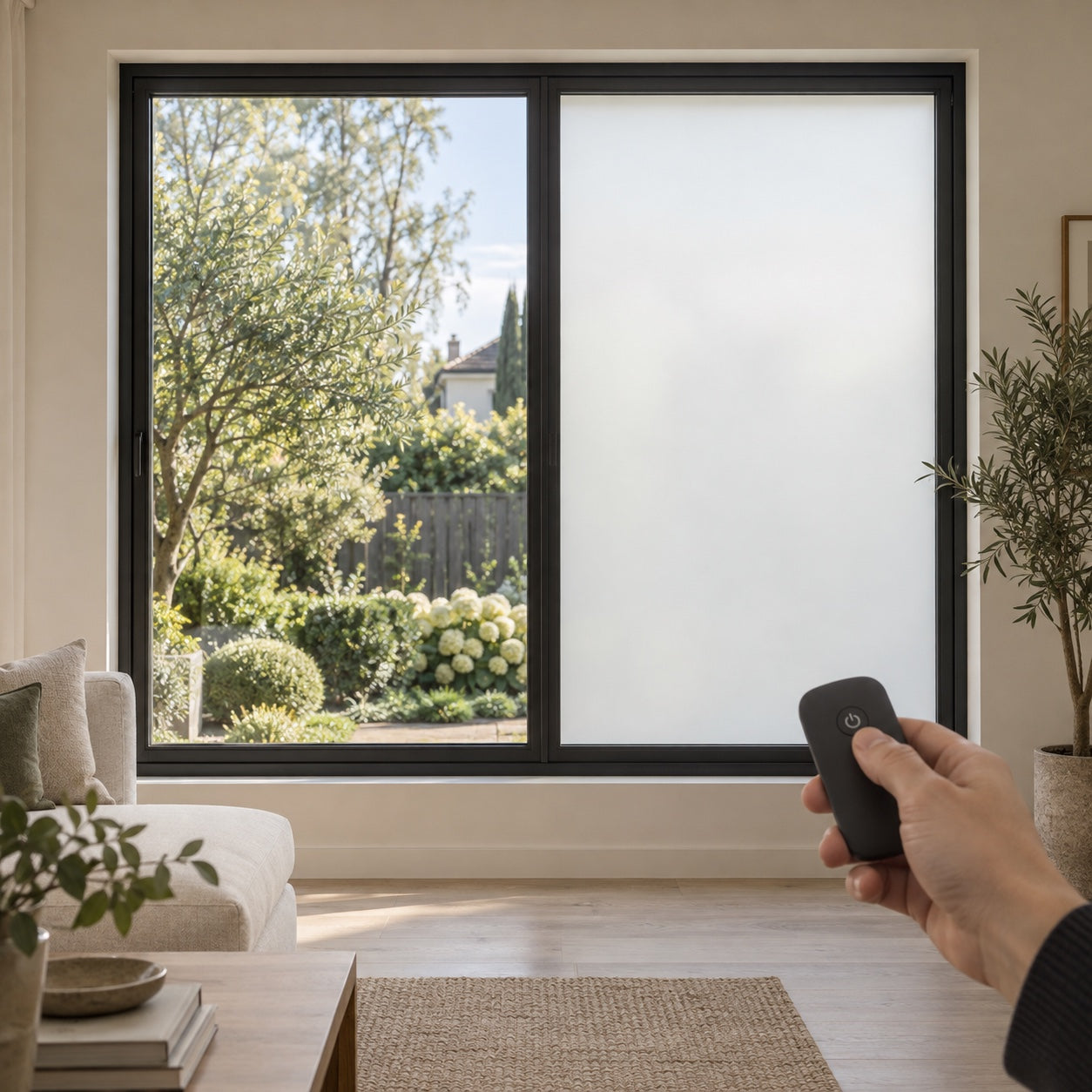 Smart privacy film concept: clear garden view on the left, frosted privacy on the right, controlled by a remote