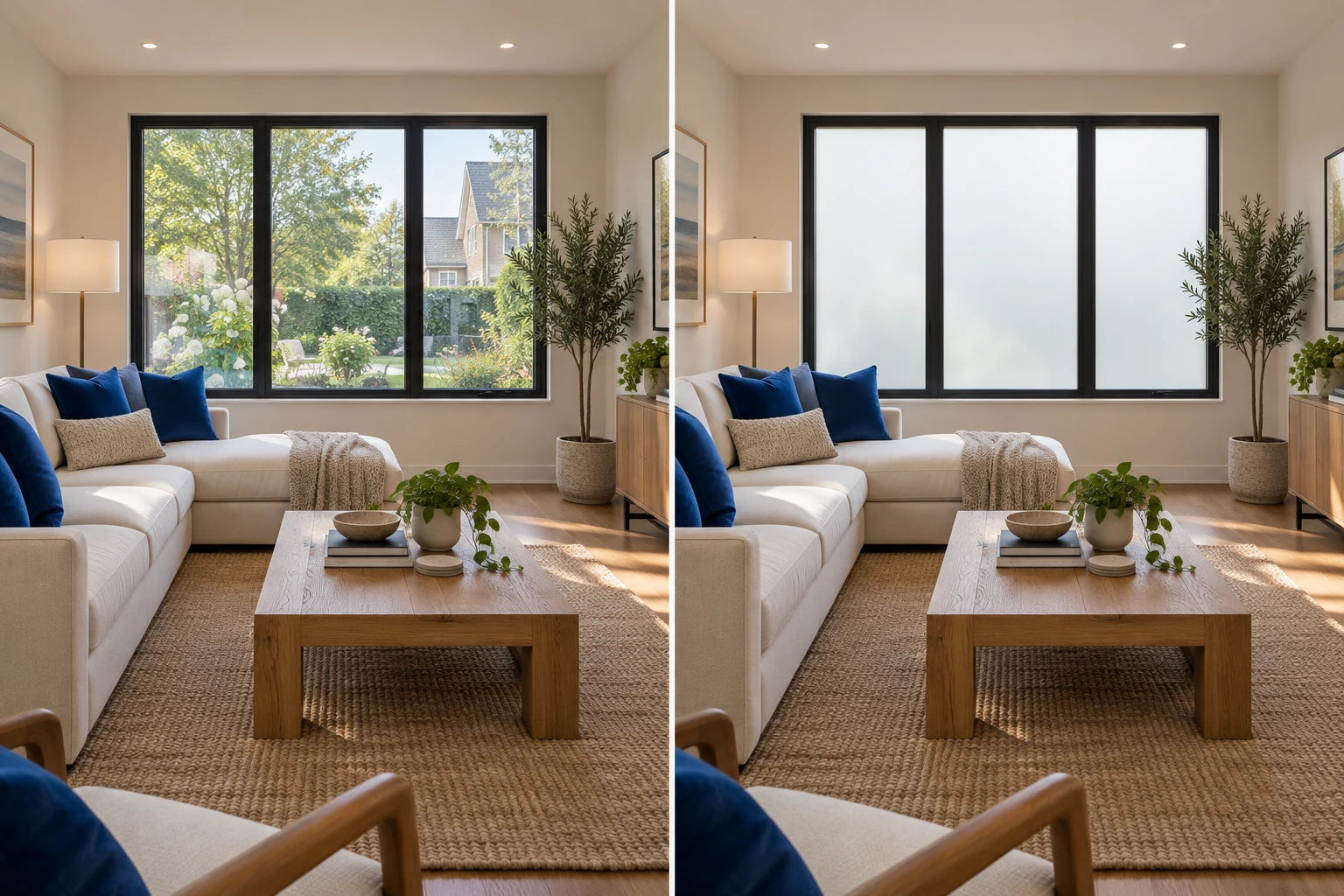 Illustrative living room with switchable privacy glass