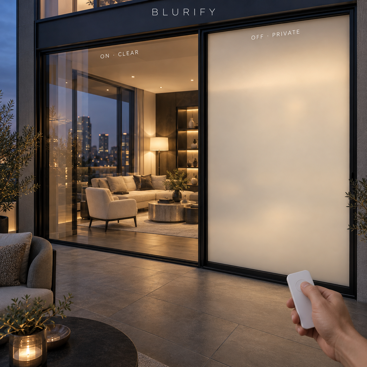 BLURGLASS concept showing clear and frosted glass at dusk