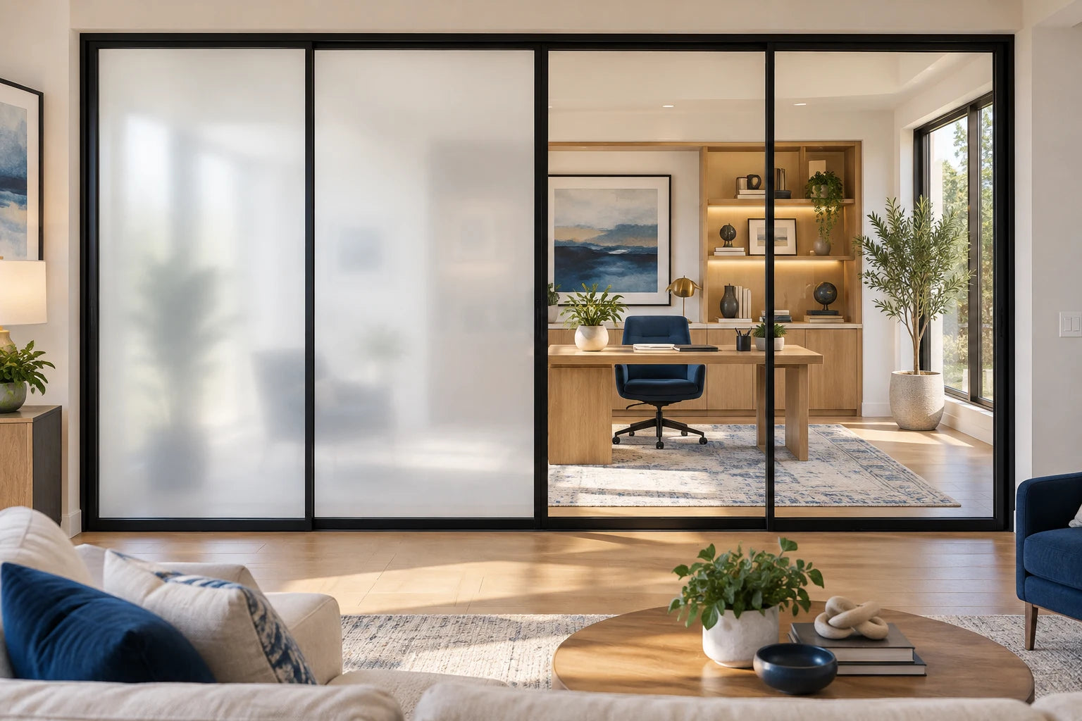 Illustrative home office with frosted glass